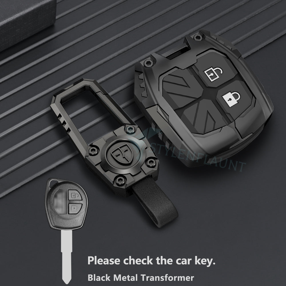 Suzuki Swift | Dzire | WagonR | Brezza | Grand Vitara | Fronx | Jimny | XL6 | Ignis | Ertiga | Baleno | Vitara Brezza | Celerio | Alto | Ciaz | S-Cross Luxury Transformer Series Metal Key Cover With Key Chain ( 2 buttons )
