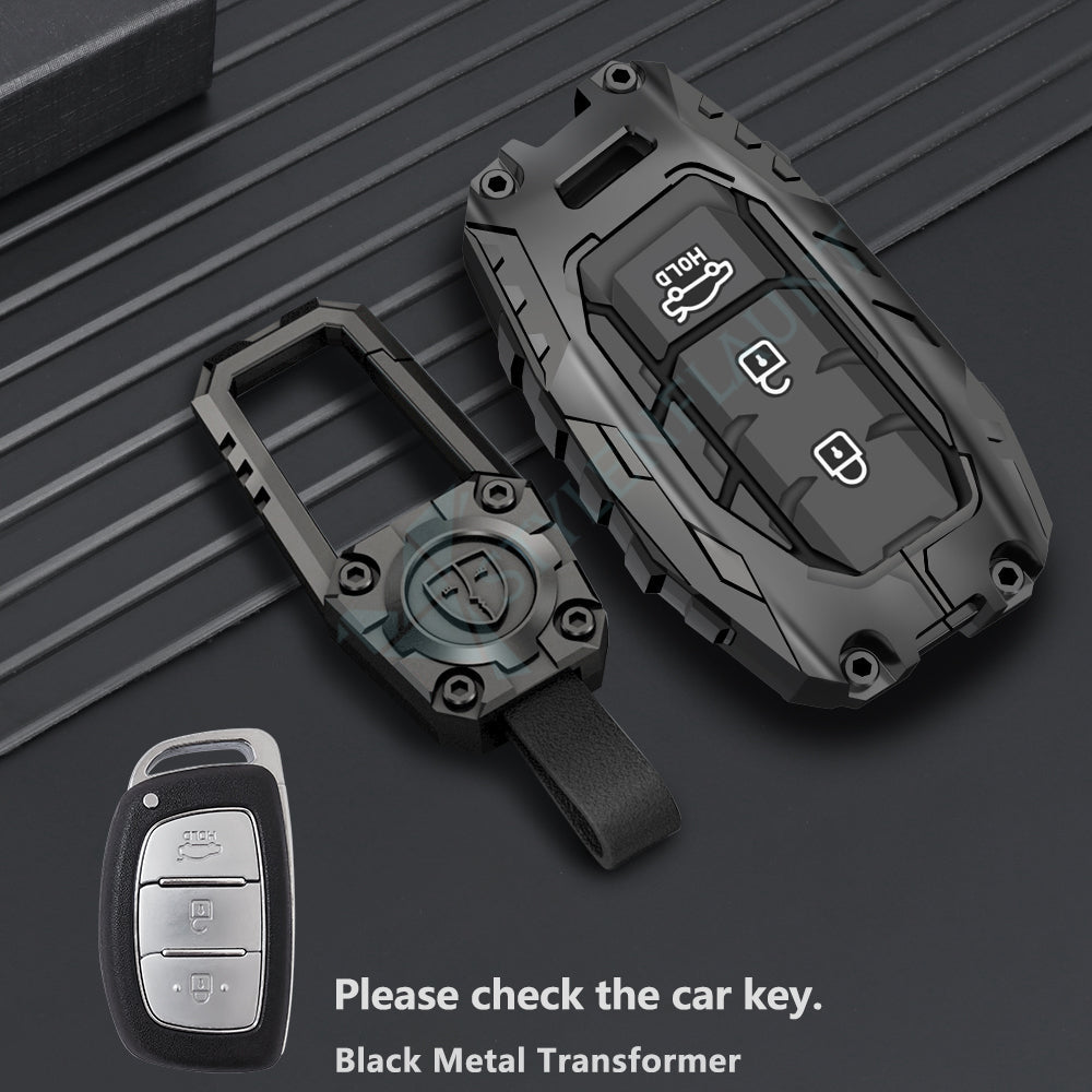 Hyundai Aura | Exter | Venue | Creta Luxury Premium Transformer Series Metal Black Soft Sillcon Smart Car Key Cover Key Case With Key Chain ( 3 buttons )
