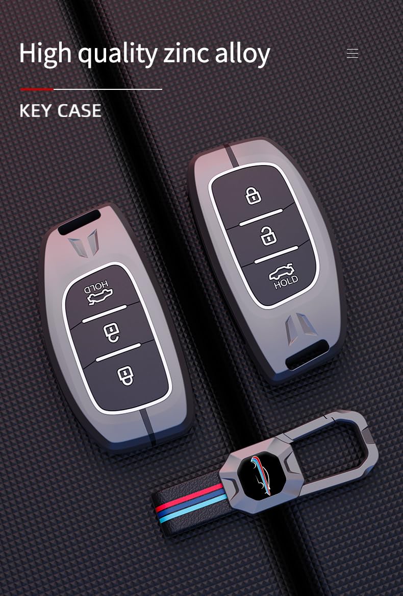 Hyundai Aura | Exter | Venue | Creta Luxury Premium Metal Smart Car Key Cover Key Case With Key Chain( 3 buttons ) Not Compatible for flip key